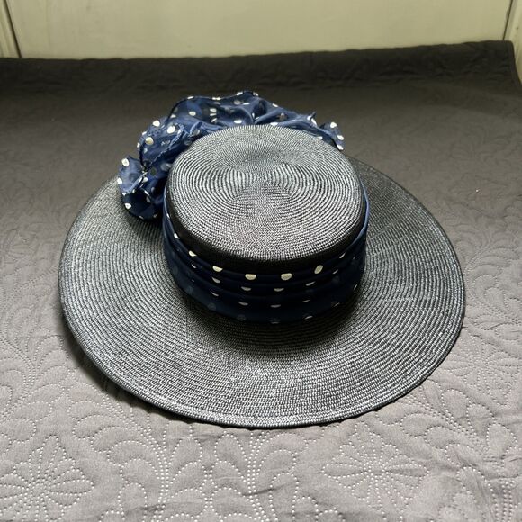 VTG 70s 80s Sonni San Francisco Hat Navy & Polka Taffeta Band Bow Kentucky Derby - Picture 8 of 8
